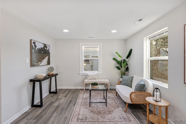 sitting room featuring hardwood / wood-style flooring and a textured ceiling