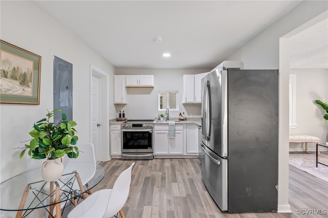 kitchen with electric panel, white cabinets, light hardwood / wood-style floors, and appliances with stainless steel finishes