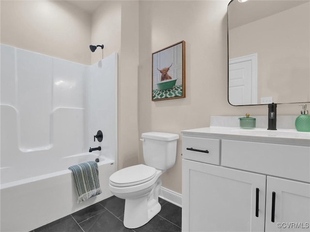 full bathroom with toilet, tile patterned floors, vanity, and bathing tub / shower combination