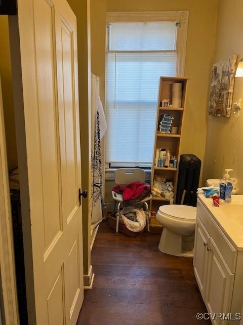 bathroom featuring vanity, a shower with shower curtain, wood finished floors, and toilet