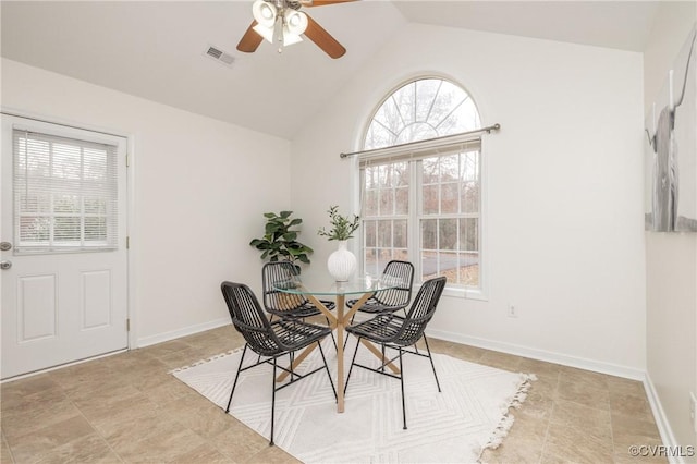 dining space featuring ceiling fan, plenty of natural light, and lofted ceiling