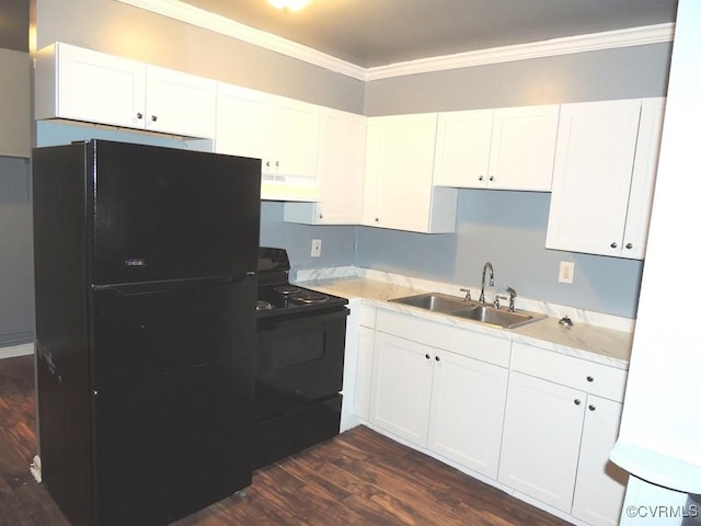 kitchen with a sink, black appliances, custom exhaust hood, white cabinetry, and light countertops