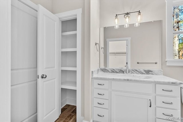 bathroom featuring vanity and wood-type flooring