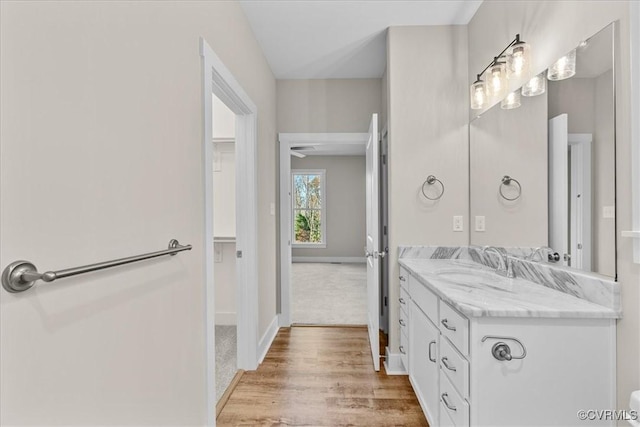 bathroom with hardwood / wood-style flooring and vanity