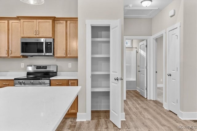 kitchen featuring stainless steel appliances and light hardwood / wood-style flooring