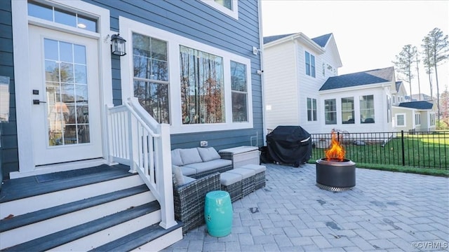 view of patio / terrace featuring an outdoor living space and grilling area