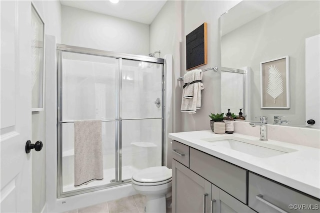 bathroom with a stall shower, tile patterned flooring, vanity, and toilet