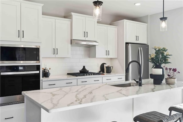 kitchen with stainless steel appliances, tasteful backsplash, white cabinetry, a sink, and under cabinet range hood