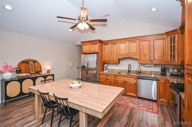 kitchen featuring sink, dark wood-type flooring, light stone counters, lofted ceiling, and appliances with stainless steel finishes