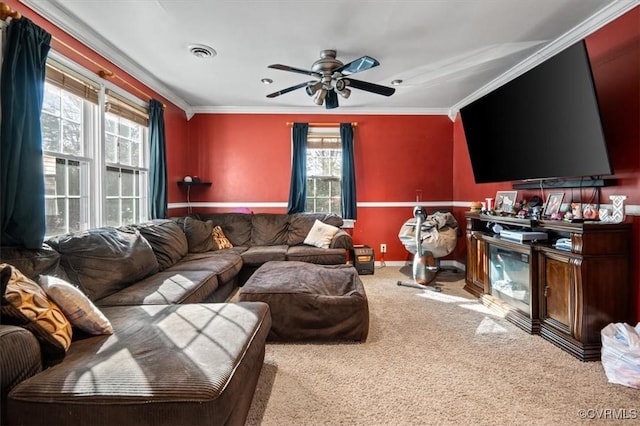 carpeted living room with ceiling fan, visible vents, and crown molding