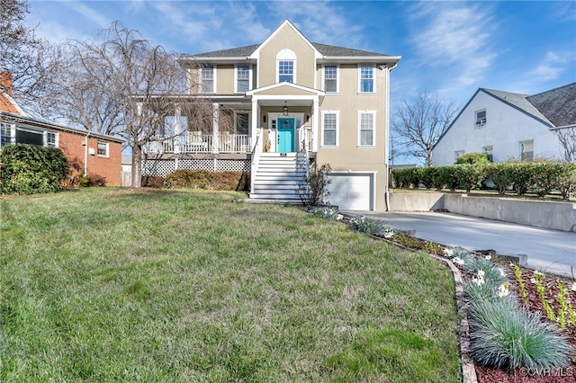 view of front facade featuring covered porch, a front yard, and a garage