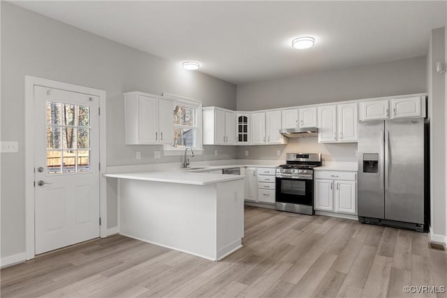 kitchen with kitchen peninsula, appliances with stainless steel finishes, white cabinetry, and sink