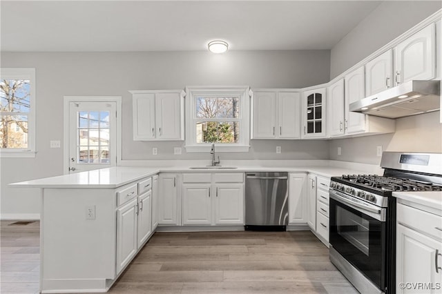 kitchen featuring white cabinetry, sink, stainless steel appliances, kitchen peninsula, and light hardwood / wood-style floors