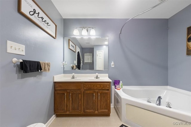 full bathroom featuring a sink, baseboards, a garden tub, and double vanity