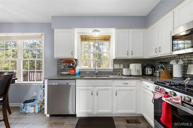 kitchen with a sink, appliances with stainless steel finishes, backsplash, and a healthy amount of sunlight