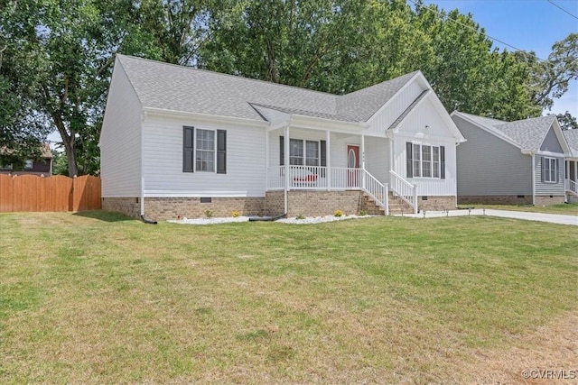 single story home featuring roof with shingles, a porch, crawl space, fence, and a front lawn