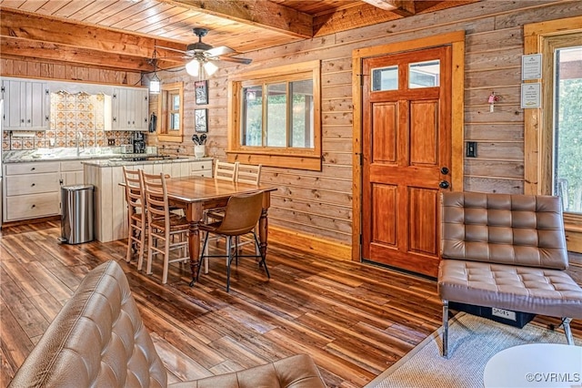 dining area with beam ceiling, wooden walls, wooden ceiling, and hardwood / wood-style flooring