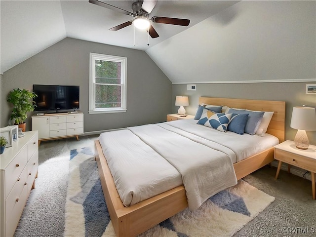 bedroom featuring carpet flooring, ceiling fan, and lofted ceiling