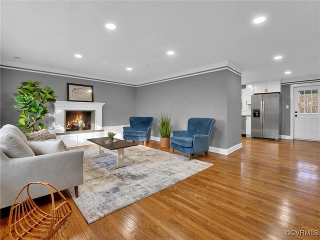 living room with crown molding and light hardwood / wood-style flooring