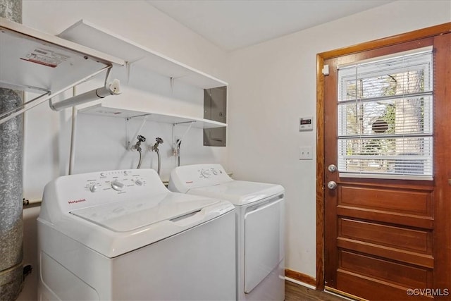 laundry room featuring separate washer and dryer and hardwood / wood-style flooring