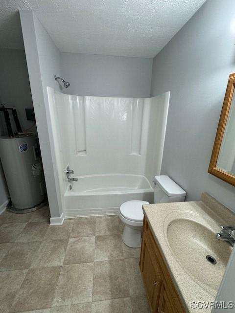 full bathroom featuring water heater, bathing tub / shower combination, a textured ceiling, toilet, and vanity