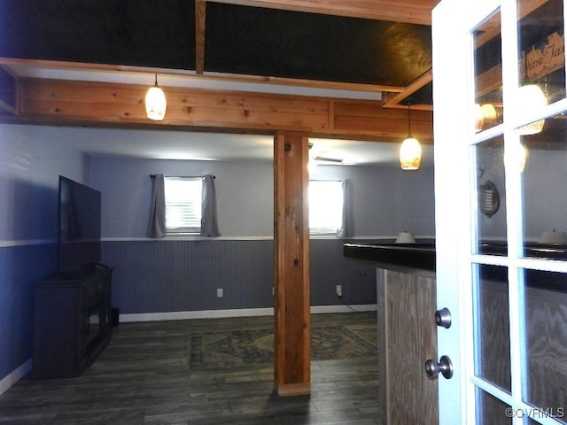 basement with dark hardwood / wood-style floors and a wood stove