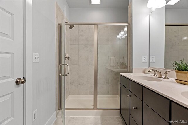 bathroom featuring tile patterned flooring, vanity, and an enclosed shower