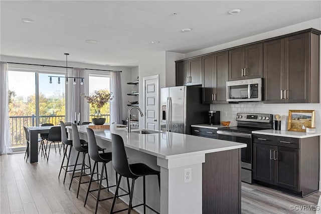 kitchen with sink, backsplash, stainless steel appliances, a center island with sink, and decorative light fixtures