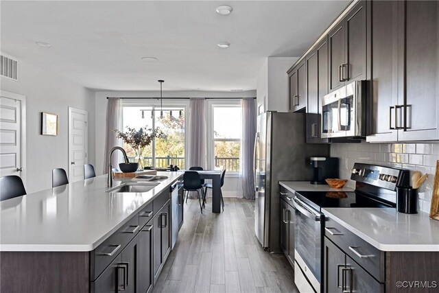 kitchen featuring appliances with stainless steel finishes, decorative light fixtures, sink, dark brown cabinetry, and a center island with sink