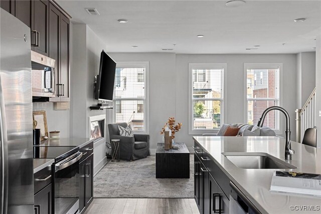 kitchen featuring dark brown cabinetry, sink, light wood-type flooring, a wealth of natural light, and stainless steel appliances