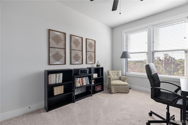 carpeted office space featuring ceiling fan