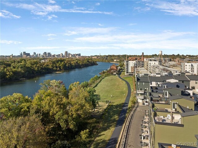 drone / aerial view featuring a water view