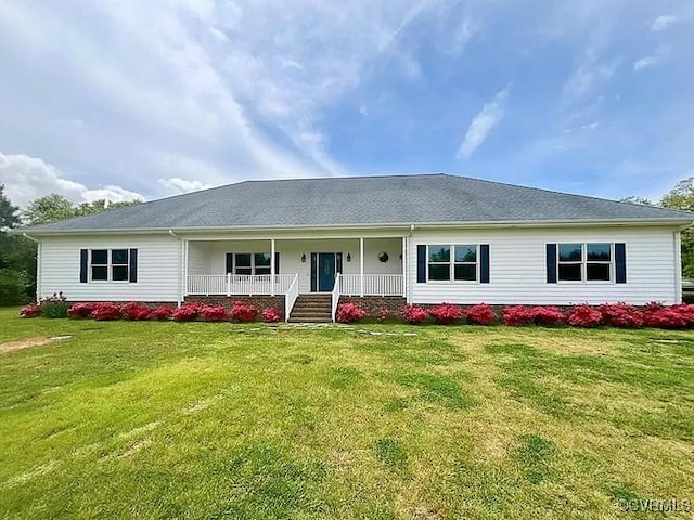 single story home with covered porch and a front lawn