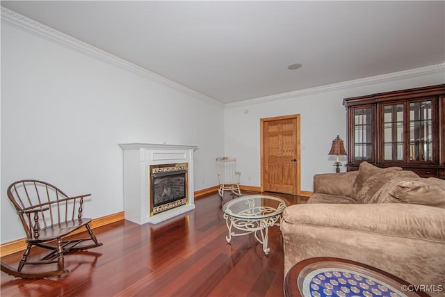 living room featuring dark hardwood / wood-style flooring and crown molding