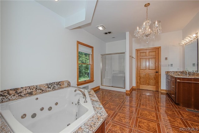 bathroom with separate shower and tub, tile patterned flooring, vanity, and a chandelier