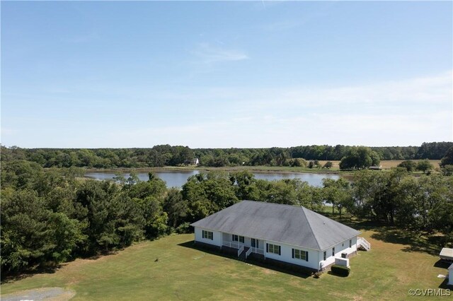 drone / aerial view with a water view