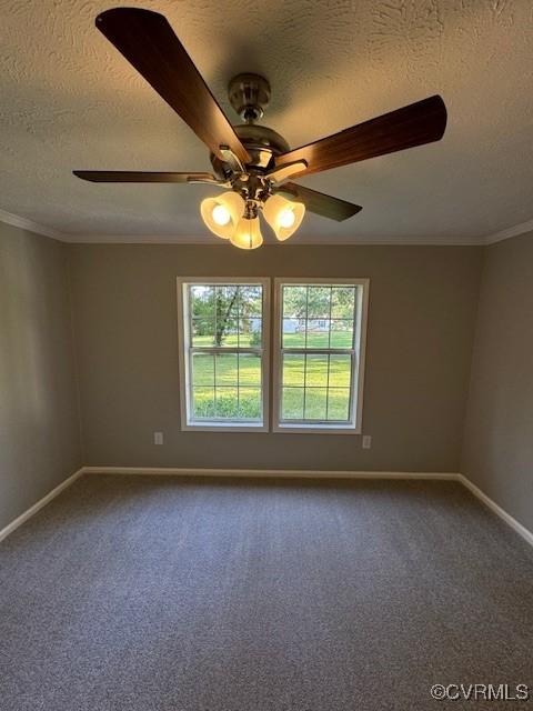 unfurnished room featuring carpet, ceiling fan, crown molding, and a textured ceiling