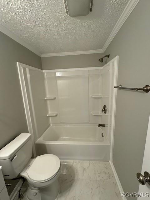 full bathroom with shower / tub combination, a textured ceiling, toilet, and ornamental molding