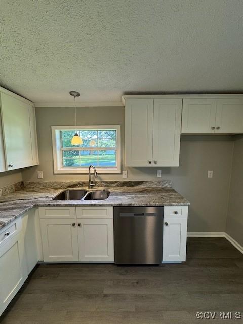 kitchen with dishwasher, sink, hanging light fixtures, dark hardwood / wood-style floors, and white cabinetry