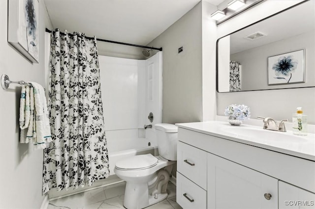 full bathroom featuring shower / bath combination with curtain, vanity, and toilet