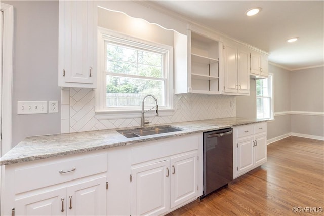 kitchen with white cabinets, dishwasher, decorative backsplash, and sink