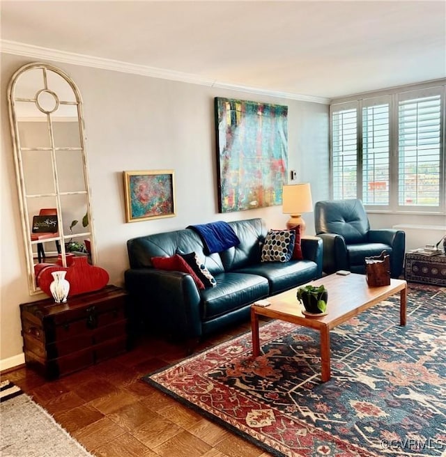 living room with ornamental molding