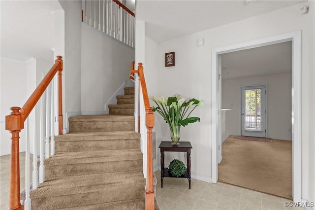 stairway featuring carpet flooring