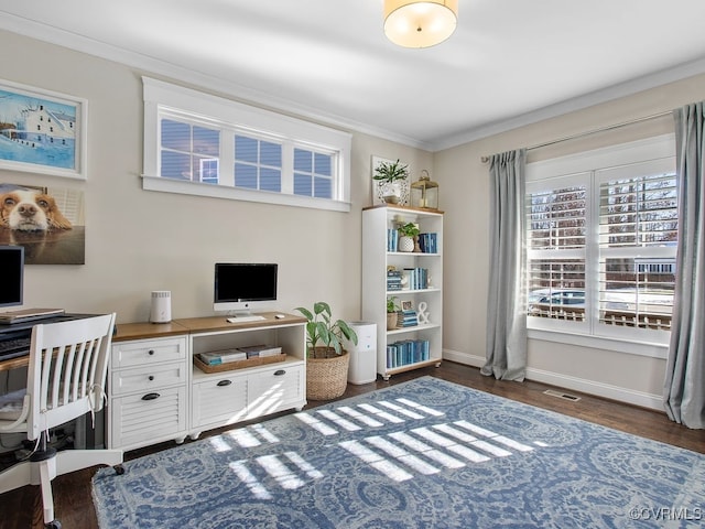 office area with crown molding and dark hardwood / wood-style floors