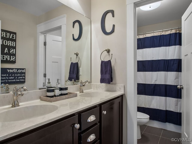 bathroom with toilet, tile patterned flooring, a shower with shower curtain, and vanity