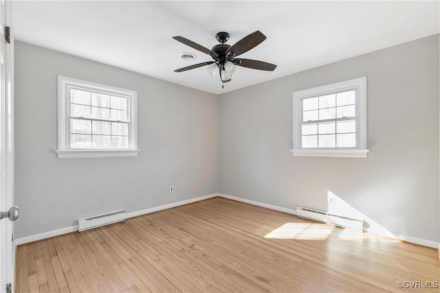 spare room featuring light wood-type flooring, a healthy amount of sunlight, and a baseboard heating unit