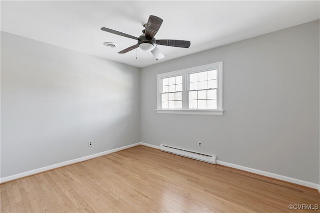 unfurnished room featuring ceiling fan, baseboard heating, and light hardwood / wood-style flooring