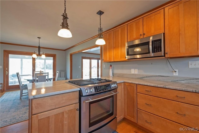 kitchen with light wood-type flooring, light stone counters, stainless steel appliances, crown molding, and a chandelier