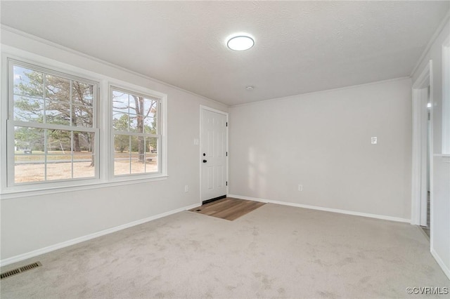 carpeted empty room with a textured ceiling