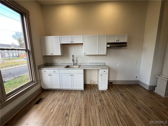 kitchen with light hardwood / wood-style flooring, white cabinetry, and sink